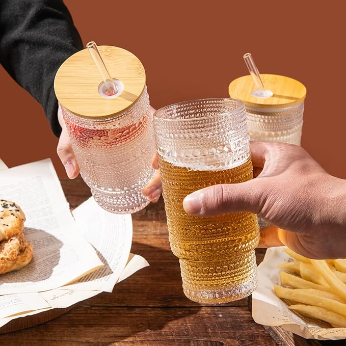Drinking Glasses with Bamboo Lids and Glass Straw 8pcs Set,16oz Glass Tumbler Cups,Water Glasses,Iced Coffee Glasses,iced Tea Glasses,Beer Glasses,Ideal for Whiskey,2 Brushes