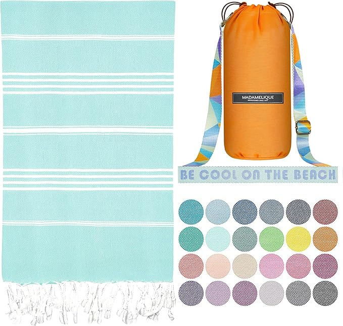 Madamelique Turkish Beach Towel with Beach Bag - 39 x 74 - Prewashed Beach Towels Oversized -%100Cotton - Quick Dry - Sand Free - Hand Loomed Bath Towels - Unique Turkish Towel (Aquamarin)