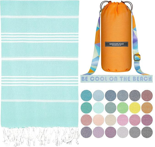 Madamelique Turkish Beach Towel with Beach Bag - 39 x 74 - Prewashed Beach Towels Oversized -%100Cotton - Quick Dry - Sand Free - Hand Loomed Bath Towels - Unique Turkish Towel (Aquamarin)