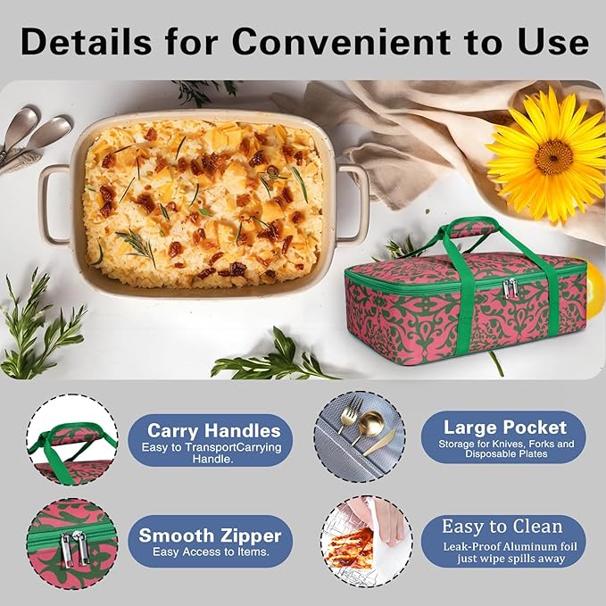 Lestyn Insulated Casserole Baking Dish Carrier Portable Lunch Tote Bag Fits Up to 9"x13" Pan for Transport to Keep Food Hot/Cold for Gathering/Potluck Parties/Cookouts/Picnics - Pink/Green