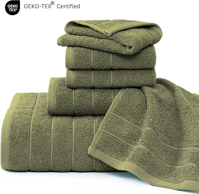 Casa Platino 100% Cotton Premium Bathroom Towel Set - 12 Pieces - Ring Spun, Quick Dry, Super Soft & Highly Absorbent - 4 Bath Towels, 8 Washcloths, 6 Hand Towels for Bathroom - Pre Shrunk - Oil Green
