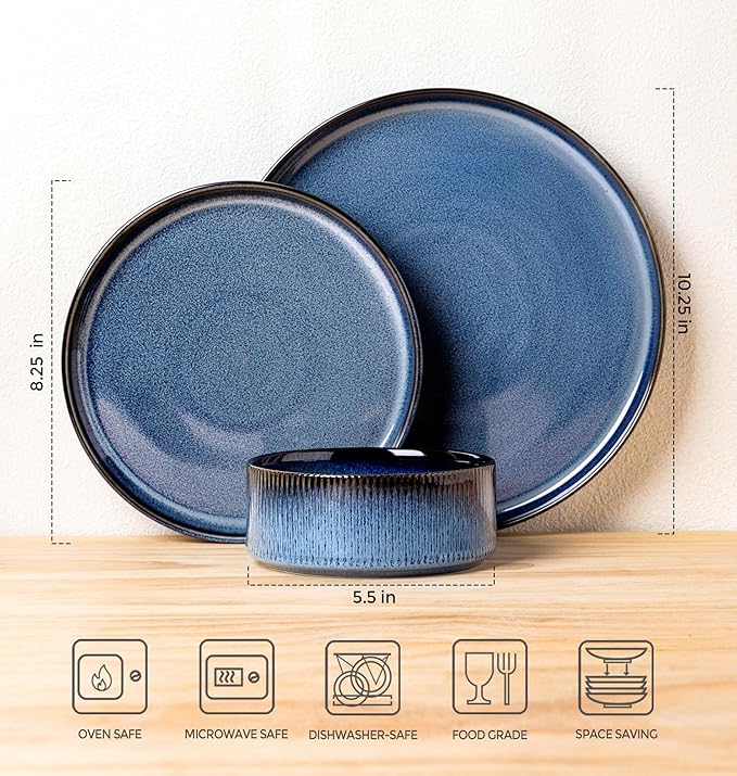 TheTerra Ceramic Dinnerware Sets for 8, 24 Pieces Porcelain Lightweight Speckled Plates and Bowls Sets, Scratch Resistant Dish Set, Oven & Microwave & Dishwasher Safe, Starry Blue