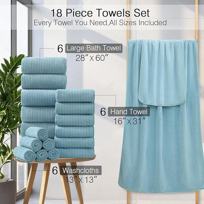 18 Piece Family Bath Towel Set Include 6 Bath Towels,6 Hand Towels and 6 Washcloths Soft Bathroom Towel with Hanging Loops,Highly Absorbent Quick Dry Towels Set for Bathroom,Hotel and Spa-Turquoise