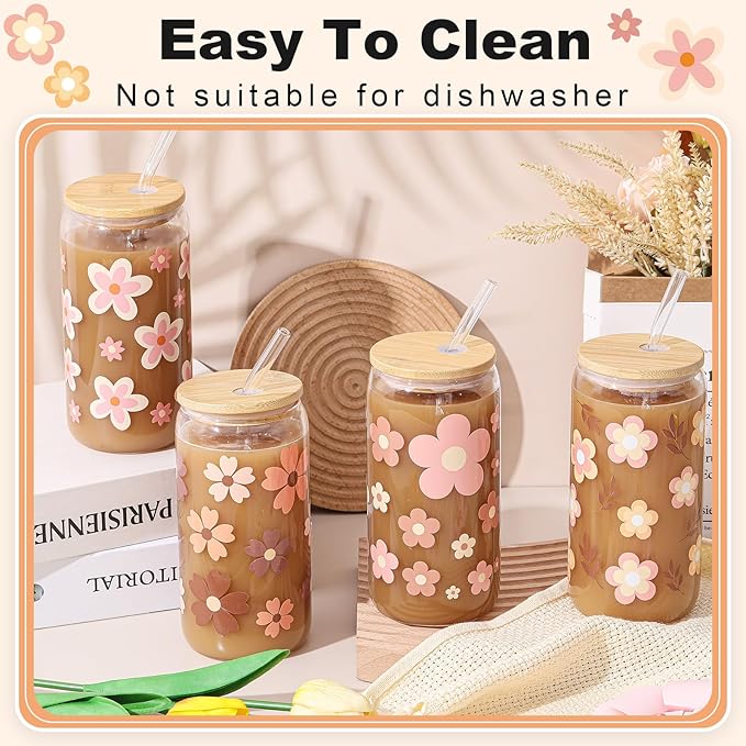 Mumufy Gift for Women Cute Glass Cup Tumbler Flower Iced Coffee Mugs 16 oz Glass with Bamboo Lid & Straw, Mothers Day Birthday Gift for Mom Sister Bridesmaid Baby Shower(4 Pack,Cute Boho)