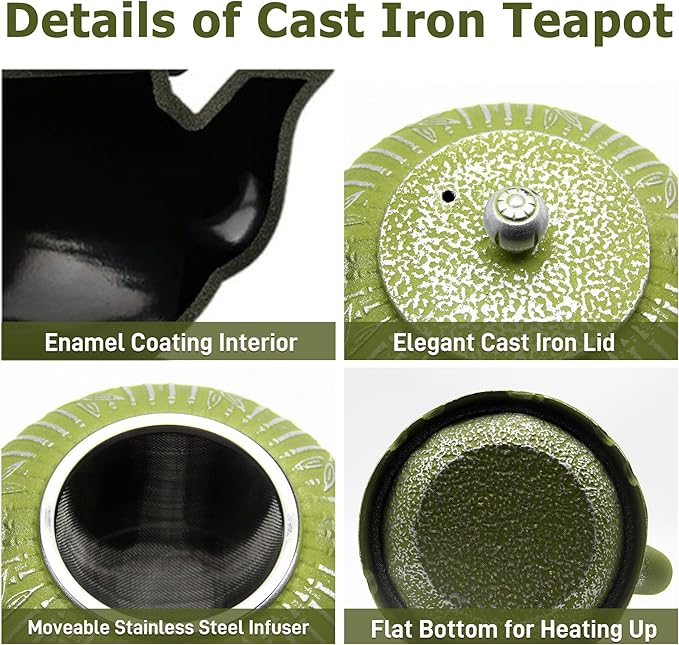 Tea Kettle, Japanese Cast Iron Teapot with Stainless Steel Infuser, Cast Iron Tea Kettle, Durable Teapot Coated with Enameled Interior (40.6oz Sage Green Bamboo Leaf Pattern)