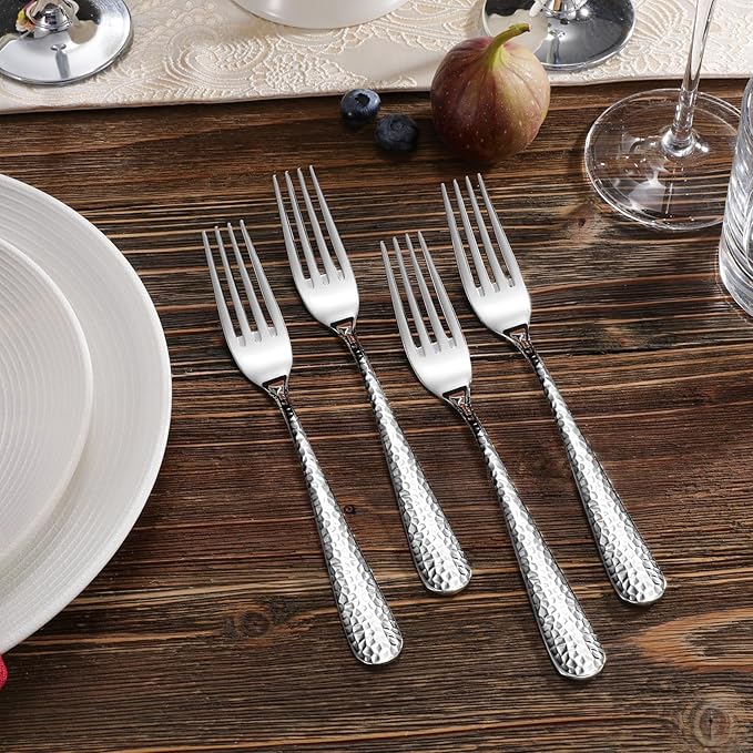 KEAWELL Premium 4-Piece Louise Hammered Fork Set, 18/10 Stainless Steel, Fine Fork Set with Round Edge, Brightly-Mirror polished, Dishwasher Safe. (4, 8" Dinner Forks)