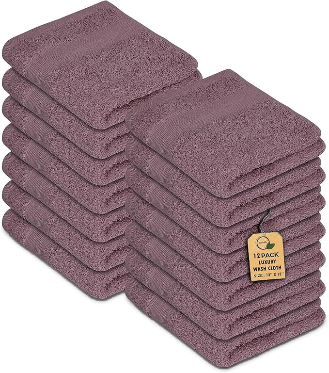 Premium Wash Cloths Pack of 12 (13" x 13") 100% Ring Spun Cotton | Luxury Washcloths | Ultra Soft Face Towels | Highly Absorbent Wash Cloths for face (Purple Ash)