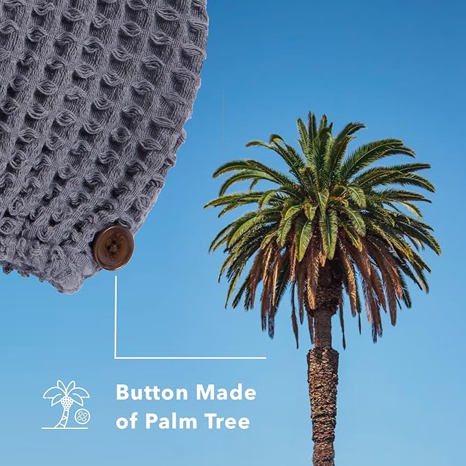 100% Organic Cotton Hair Drying Waffle Towel Wrap for Women | Absorbent & Quick Dry Head Turban for Wet Hair in Shower Sauna Spa, Extra Large for Long Straight Curly Plopping Button (Grey, 1 PACK)