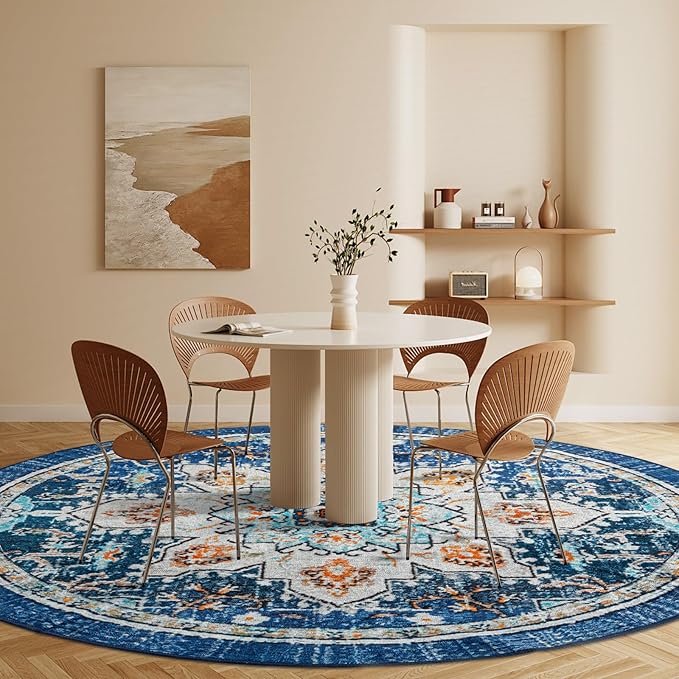 Easy-Going Round Rug 6ft Area Rug Washable Boho Circle Rugs for Living Room Non-Slip Bedroom Rug Low Pile Lightweight Tangerine Vintage Throw Rug for Dining Room Kitchen Office, Floral Aqua Yellow