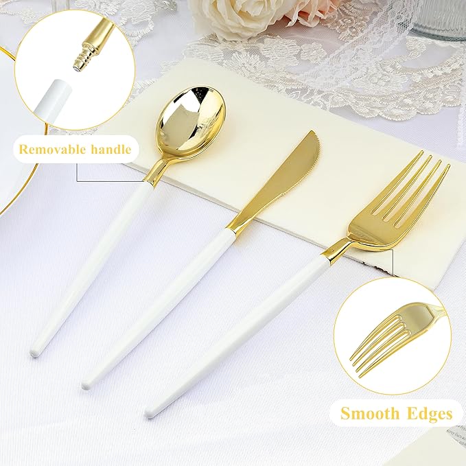 75 PCS White Gold Plastic Utensils for 25 Guests, Gold Disposable Silverware with 25 Knives, 25 Spoons and 25 Forks, BPA Free, Ideal for Weddings, Birthdays & Graduation