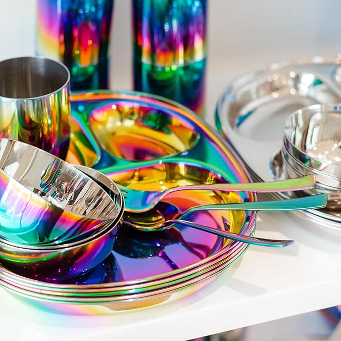 Ahimsa Stainless Steel Kids Utensils - 8 Pieces Kids Fork and Spoon Set, Pediatrician Designed Rainbow Silverware Set, 100% BPA Free & Dishwasher Safe (Rainbow)