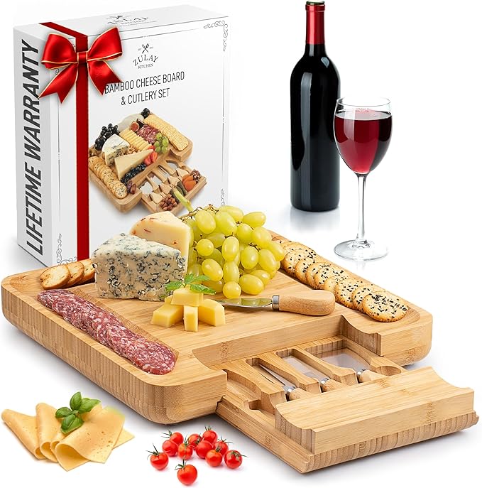 Zulay Kitchen Premium Bamboo Cheese Board Set - Extra Thick Bamboo Charcuterie Board Set with 4 Piece Knife Set - Wooden Cheese Board, Perfect for Charcuterie, Wine & Cheese - Charcuterie Gift Set
