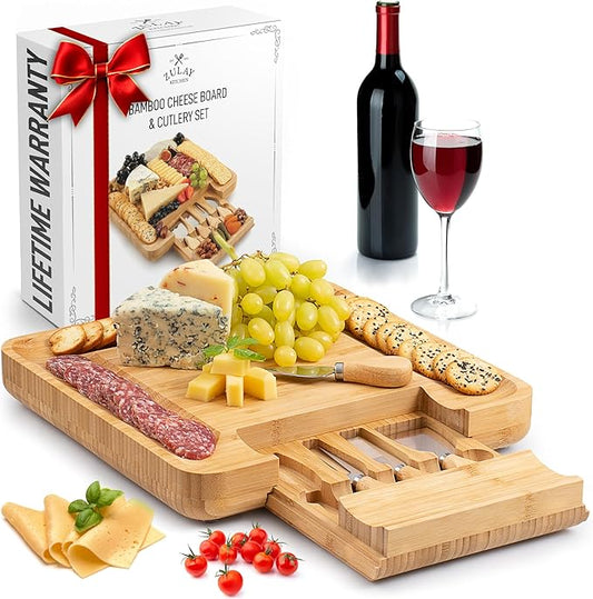 Zulay Kitchen Premium Bamboo Cheese Board Set - Extra Thick Bamboo Charcuterie Board Set with 4 Piece Knife Set - Wooden Cheese Board, Perfect for Charcuterie, Wine & Cheese - Charcuterie Gift Set