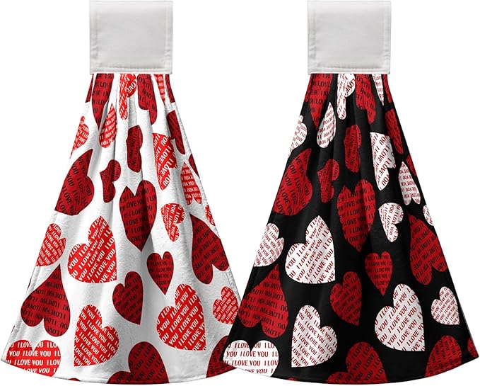 Valentines Day Hand Tie Towel I Love You Heart Hanging Kitchen Towels White Black Valnetine's Love Dish Tea Towels with Hanging Loop Absorbent Practical Bathroom Kitchen Decor