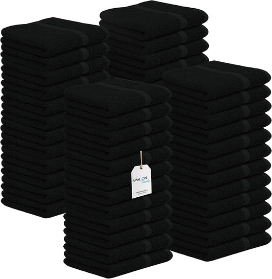 Avalon Towels Cotton Washcloths – (Pack of 48) Size 12x12 Inches, 100% Ring Spun Cotton, Soft & Absorbent Face Towels, Gym Towels, Hotel and Spa Quality, Reusable Fingertip Towels (Black)