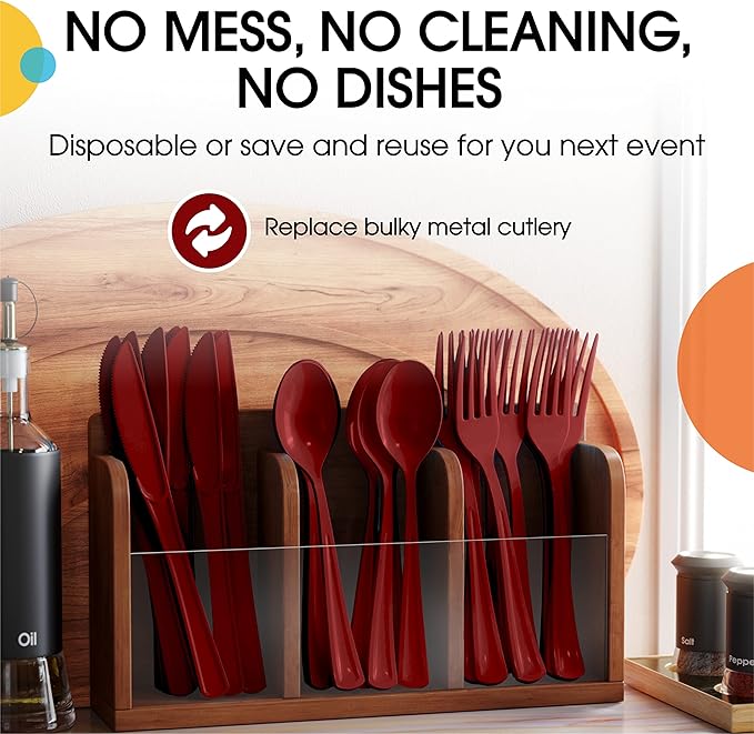 Party Solids Burgundy Plastic Forks 200 Pieces Burgundy Forks Disposable Utensils Heavy Duty Plastic Cutlery Set Disposable Cutlery Sets Flatware Sets Silverware Set Party Supplies & Party Tableware