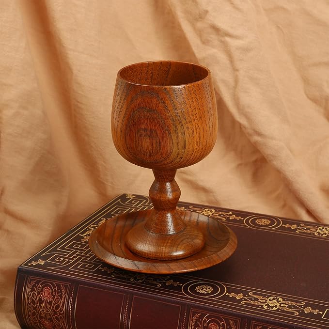 Chalice Cup Wooden, Communion Goblet with Tray & Gift Bag, Communion Chalice Wooden Goblet, Handmade Vintage Wine Cup (5.1 inches)