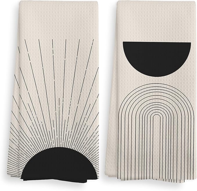 Black Boho Sun Sunray Geometric Arch Semi Circle Kitchen Towels and Dishcloths Set of 2, Absorbent Drying Cloth Hand Towels Tea Towels for Bathroom Kitchen, Gifts for Women Girls, 1624 inches