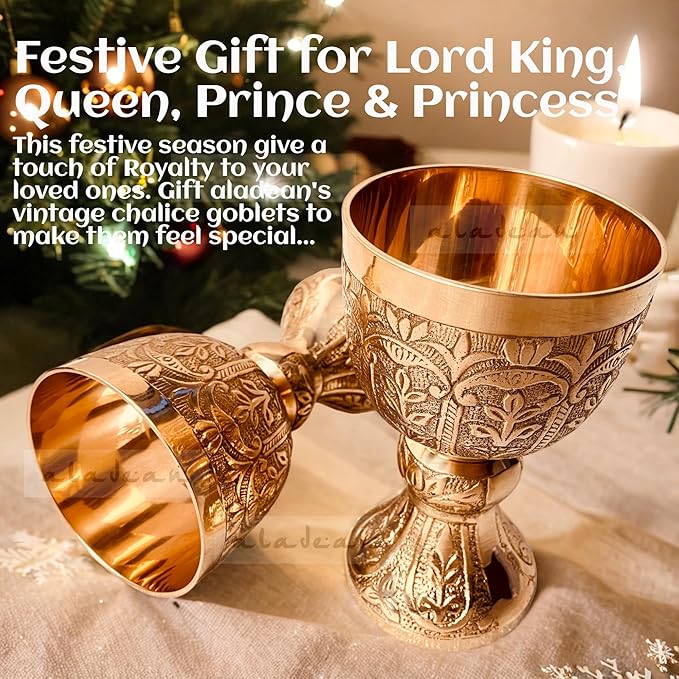 Medieval Goblet Lord's Vintage Chalice | 1x Solid Brass Royal Wine Cups - Renaissance Vintage Goblet Gifts Birthday Christmas Wedding Anniversary Ceremonial Wine Drinkware 1pc Pack (Lord's Chalice)