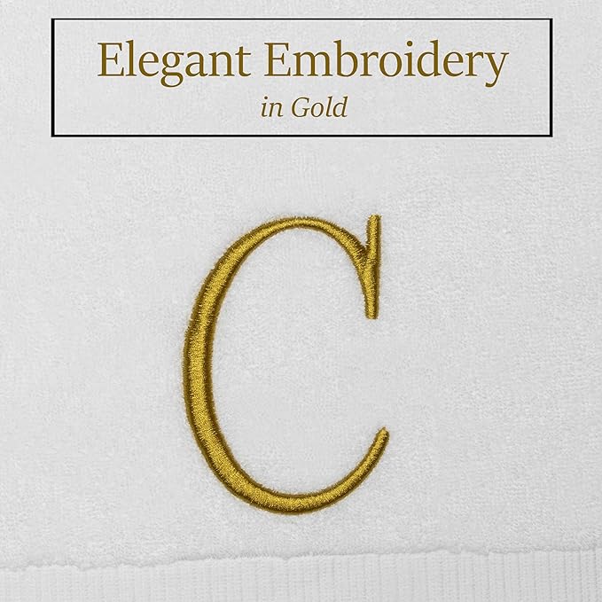Monogrammed Hand Towels for Bathroom - Luxury Hotel Quality Personalized Initial Decorative Embroidered Bath Towel for Powder Room, Spa - GOTS Organic Certified - Set of 2 Gold Letter C