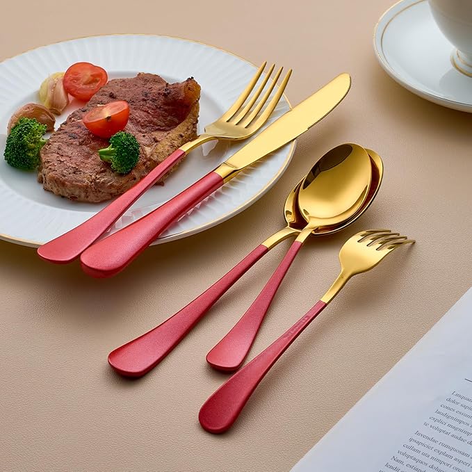 20-Piece Gold and Red Silverware Set for 4, 18/0 Stainless Steel Flatware Cutlery Utensils Set, Include Dinner Knives,Dinner Forks,Dinner Spoons,Salad Forks,Teaspoons,Dishwasher Safe…, ZT-2223
