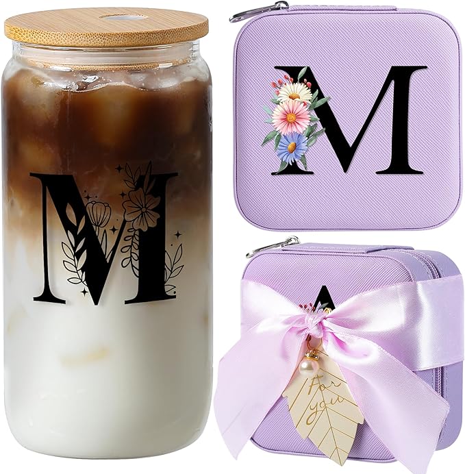 AYGXU Travel Jewelry Case for Women Girls,Jewelry Box Organizer,Travel Initial Jewelry Box for Girls,16oz glass cups with bamboo lids,aesthetic glass cup,Travel Essentials,Initial M purple