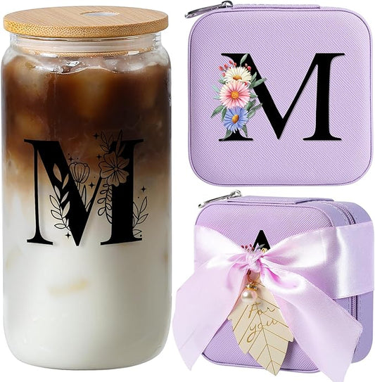 AYGXU Travel Jewelry Case for Women Girls,Jewelry Box Organizer,Travel Initial Jewelry Box for Girls,16oz glass cups with bamboo lids,aesthetic glass cup,Travel Essentials,Initial M purple