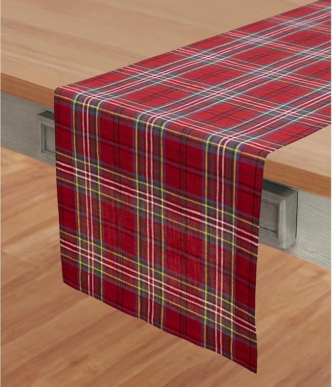 Solino Home Table Runner 90 Inches Long - 100% Pure Linen Red Classic Tartan Plaid Table Runner 14 x 90 Inch for Dining, Holiday, New Year