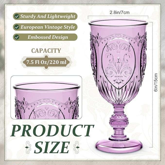 48 Pcs Plastic Goblets 7.5oz Vintage Goblet Plastic Wine Glasses Colored Retro Embossed Water Goblets for Wine Bar Juice Baby Shower Wedding Reception Grand Event Party (Purple)