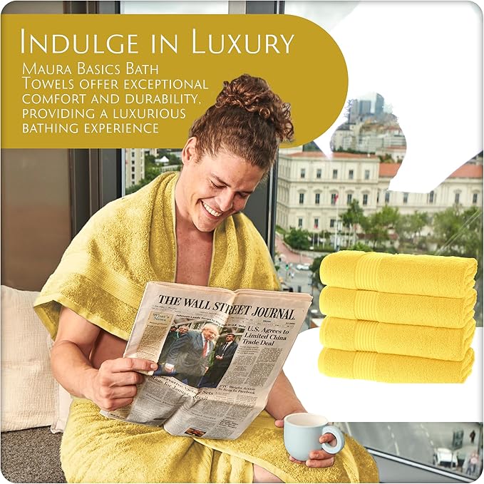 MAURA Basics Performance Bath Towels 100% Turkish Cotton with Hook Loops. Extra Large Luxury Absorbent Plush Towel Sets for Bathroom, Daily Use American Standard Size 27”x54”, Yellow