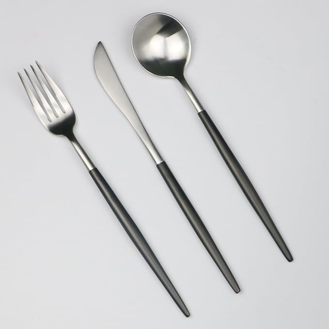20-Pieces Luxury Black Handle Silver 18/10 Stainless Steel Flatware Set, Matte Finish, Service for 4