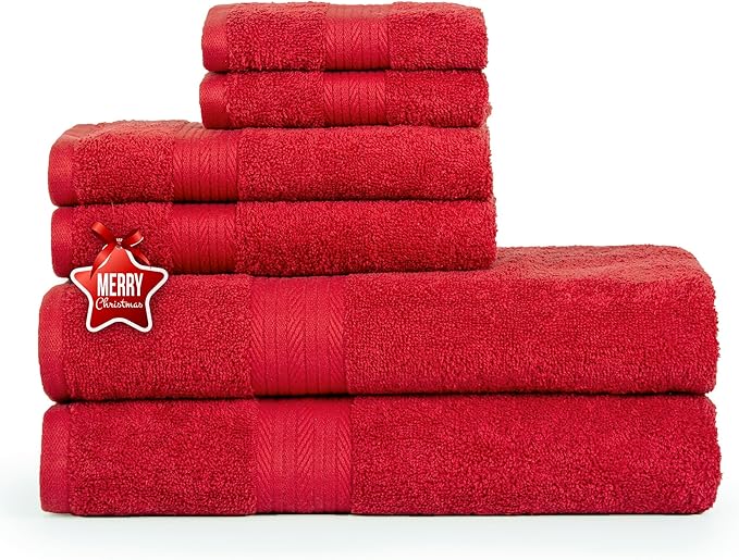 Ample Decor 100% Cotton 6 Piece Bathroom Towels Set, 2 Bath Towels, 2 Hand Towels, 2 Washcloths, Quick Drying - Christmas Red Towel Sets