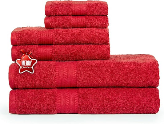 Ample Decor 100% Cotton 6 Piece Bathroom Towels Set, 2 Bath Towels, 2 Hand Towels, 2 Washcloths, Quick Drying - Christmas Red Towel Sets