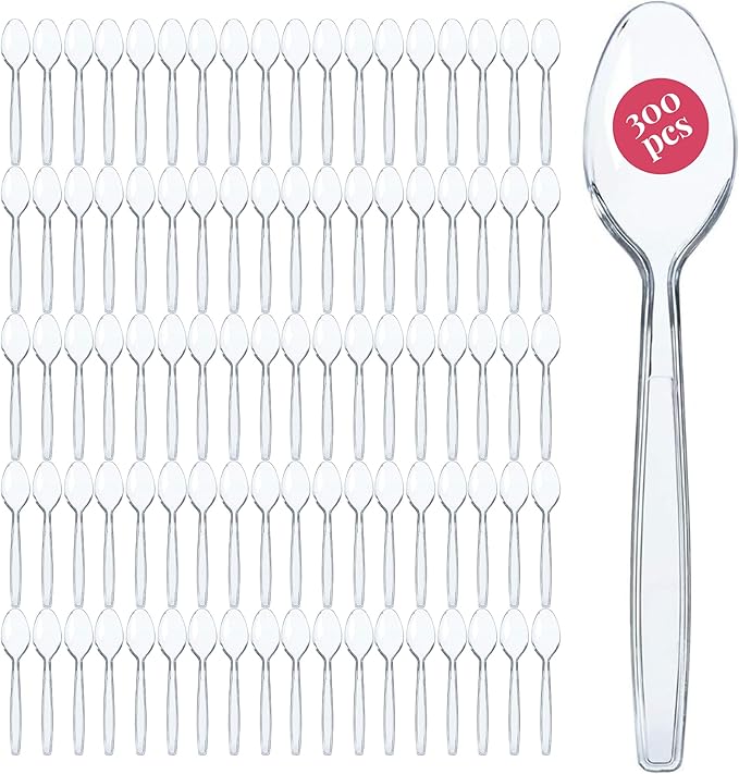 Prestee 300 Plastic Spoons Bulk - 6-Inch Heavy Duty Disposable Silverware and Plastic Utensils Set - Durable Clear Cutlery for Hot and Cold Food - Strong Spoon Flatware for Parties and Events
