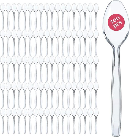 Prestee 300 Plastic Spoons Bulk - 6-Inch Heavy Duty Disposable Silverware and Plastic Utensils Set - Durable Clear Cutlery for Hot and Cold Food - Strong Spoon Flatware for Parties and Events