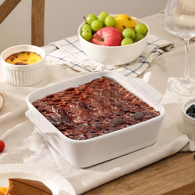 DOWAN 8x8 Baking dish, Square Baking Pan, Ceramic Casserole Dishes for Oven, Cake Pan with Handle, for Brownie, Lasagna, Casserole, 2 Quart, Home Gift, Bright White