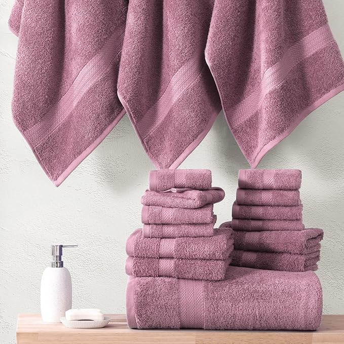 LANE LINEN Bathroom Towels Set - 24 PCs - 100% Ring Spun Cotton - Quick Dry, Soft & Absorbent - 4 Bath, 4 Fingertip, 6 Hand Towel, 8 Washcloths, 2 Bath Sheets - Towels for Regular Use - Wistful Mauve