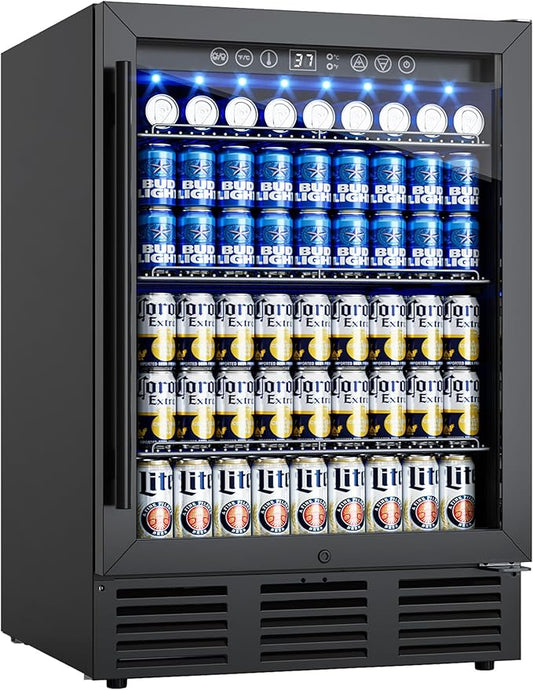 24 Inch Beverage Refrigerator, 180 Cans Under Counter Beverage Fridge with Glass Door, LED Light, Built-in or Freestanding Beer Fridge for Soda, Water, Wine - Home, Bar or Office