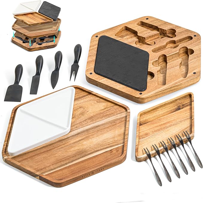Cheese Board Set - Wood Charcuterie Boards for Serving Cheese, Crackers, Meat, Olives - Serving Board for Gift, Entertaining, & Parties - Wooden Cheese Platter w/Tray, Knives, & Forks