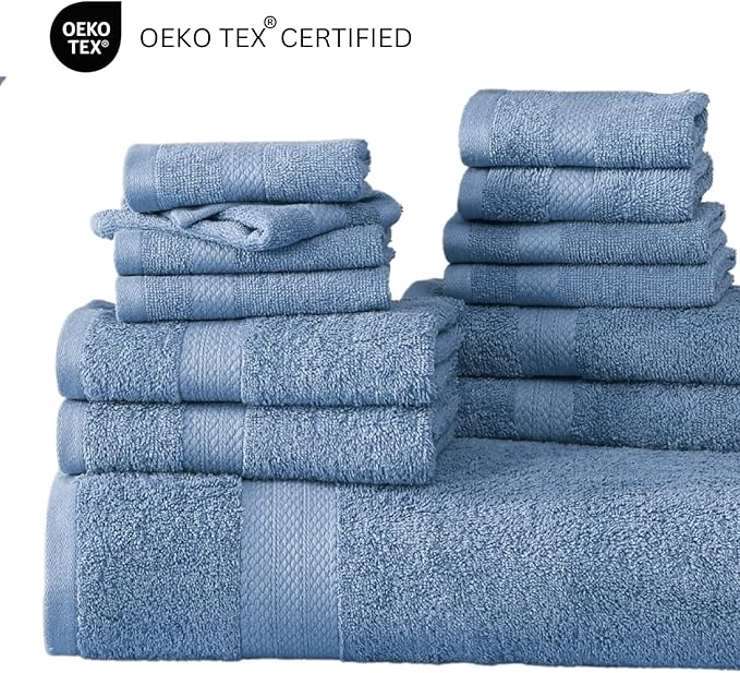 Lane Linen Bath Towel Set - 24 Pcs - Made From 100% Ring Spun Cotton - Quick Dry, Soft & Absorbent - 2 Bath Sheet, 4 Fingertip, 4 Bath, 6 Hand Towels, 8 Washcloth - Multipurpose Towels - Cerulean Blue