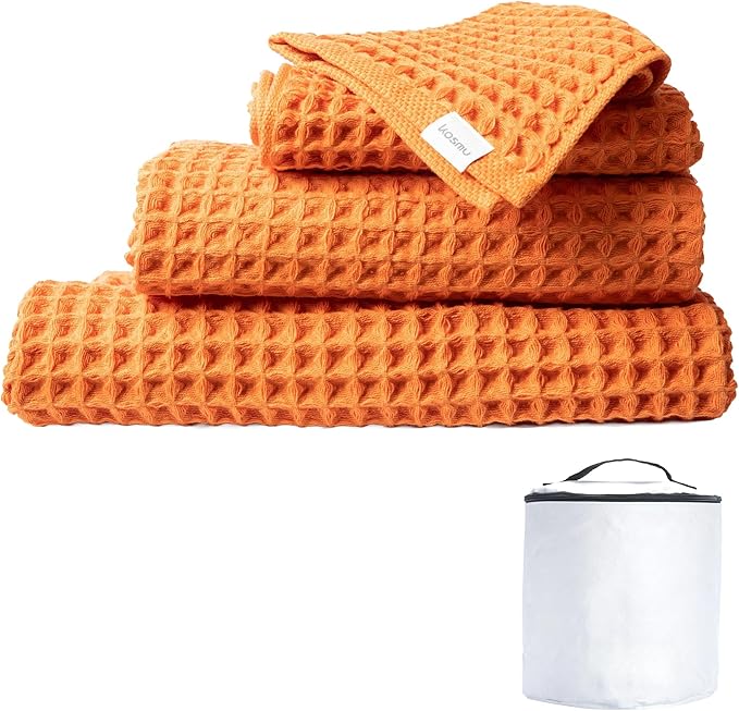 Luxury Organic Japanese Cotton Waffle Bath Towel | Thick, Absorbent, Quick Dry Bathroom Towels for Shower, Sauna, Onsen| Hotel & Spa Quality, Gift-Ready (Coral Orange, Complete Set (4-Piece))