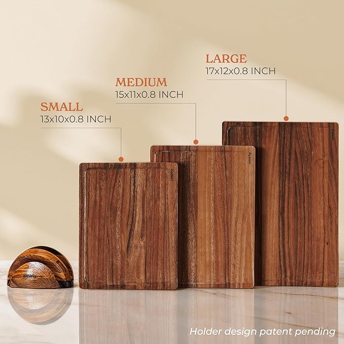 SMIRLY Walnut Wood Cutting Boards for Kitchen, Set of 3 with Holder Large - Small, Walnut Wooden Cutting Board Set with Deep Juice Grooves, Non Toxic Serving Tray, Perfect Mother's Day Gifts