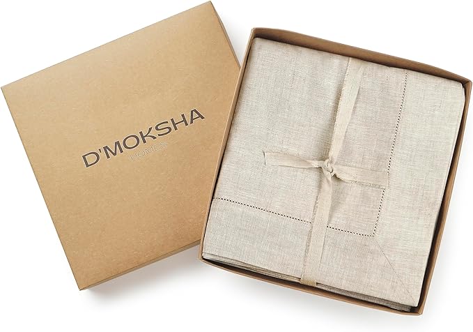 D'Moksha Homes Light Natural Linen Tablecloth for Rectangle Tables 60 x 102 Inch - Classic Hemstitch 100% Pure Linen Natural Table Cloth - Machine Washable Dining Tablecloth for Christmas, Holiday