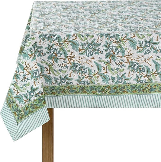 Ridhi Sage and Russian Green Hand Block Print Cotton Rectangle Tablecloth 190" x 72" inches Reusable Table Cover Decorative Everyday Use for Dining, Farmhouse, Home, Party, Festive, Wedding, Fall