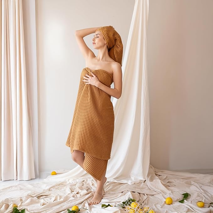 Premium Waffle Bath Towels Pack of 2 Extra Large 35x71 inch - 100% Turkish Cotton, Waffle Weave, Quick Dry, Lint Free, Oversized, Thin Bath Sheet Towel (Caramel, Set of 2 Bath Towels)