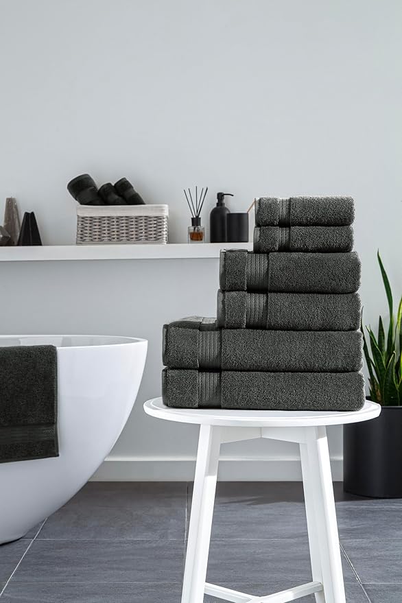 Ozdilek 6-Piece Bath Towel Set, 2 Bath, 2 Hand, 2 Wash, 100% Cotton Turkish Towels, 2 Bath Towels (30x60/550 GSM), 2 Hand Towels (16x30/575 GSM), 2 Washcloths (13x13/600 GSM) (Anthracite Gray)