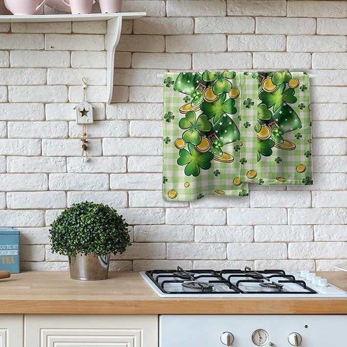 Imiss Green Shamrock Hat Hand Towels 14.4 x 28.3 Inch Clover Gold Coin Decor St. Patrick's Day Fingertip Towels Set of 2 Buffalo Plaid Seasonal Farmhouse Washcloth for Hotel Gym Spa