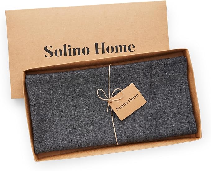 Solino Home Linen Square Tablecloth 52 x 52 Inch - 100% Pure Linen Charcoal Grey Table Throw - Athena, Machine Washable Tablecloth for Winter