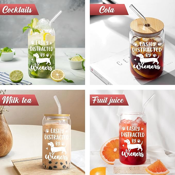 SteadStyle Christmas Dachshund Gifts for Women, Dog Lovers - Glass Drink Cup with Bamboo Lid & Straw (16oz), Birthday Mothers Day Gift For Dackel Owners & Puppy Lovers, Weiner Dog Gifts for Women Mom