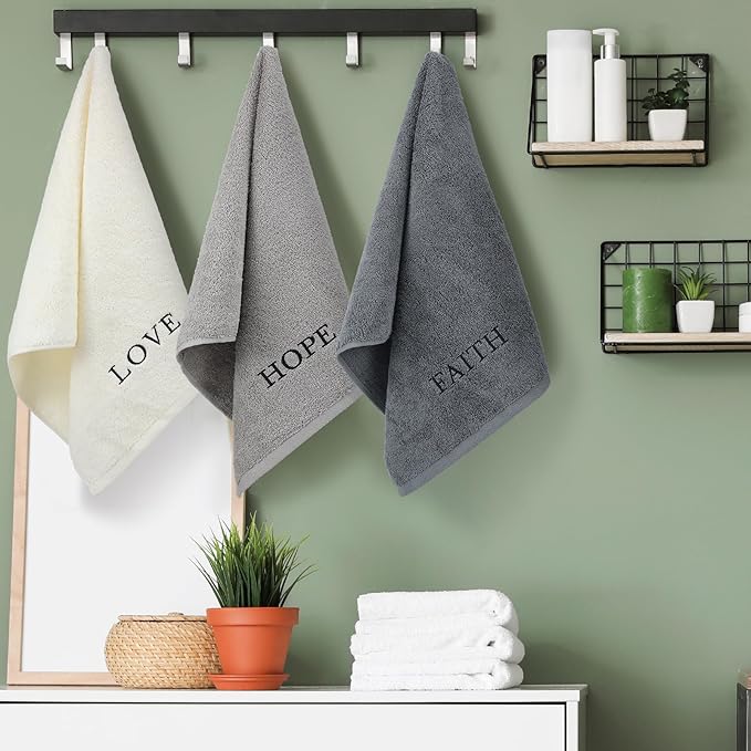 3 Pcs Faith Hope Love Farmhouse Decorative Hand Towels for Bathroom and Kitchen Rustic Embroidered 100% Cotton Hand Towels Decorative Set for Boho Bathroom Decor